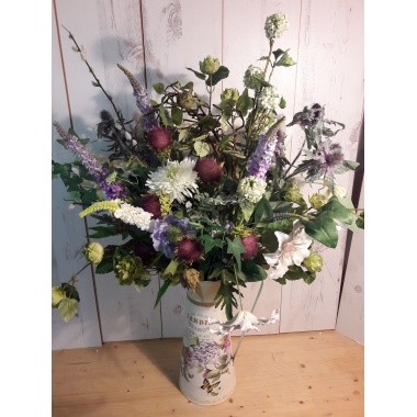 Purples and blues. Veronica sea holly gerbera hops thistle cow parsley scabious with Jug